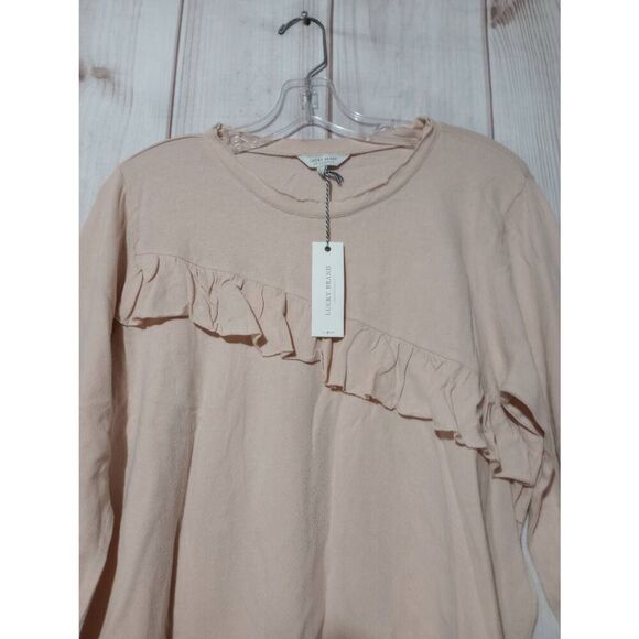 Lucky Brand Shirt Ladies Large Ivory Long Sleeve Light Weight Ruffle Raw‎ Neck - Picture 4 of 8